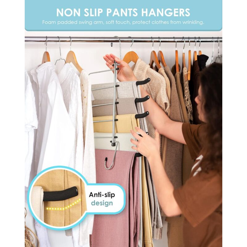 2 Pack Space Saving Hangers - Non-Slip Trouser Hanger With Foam Padded Swing Hanger Multi-Layer Hanger Organizer And