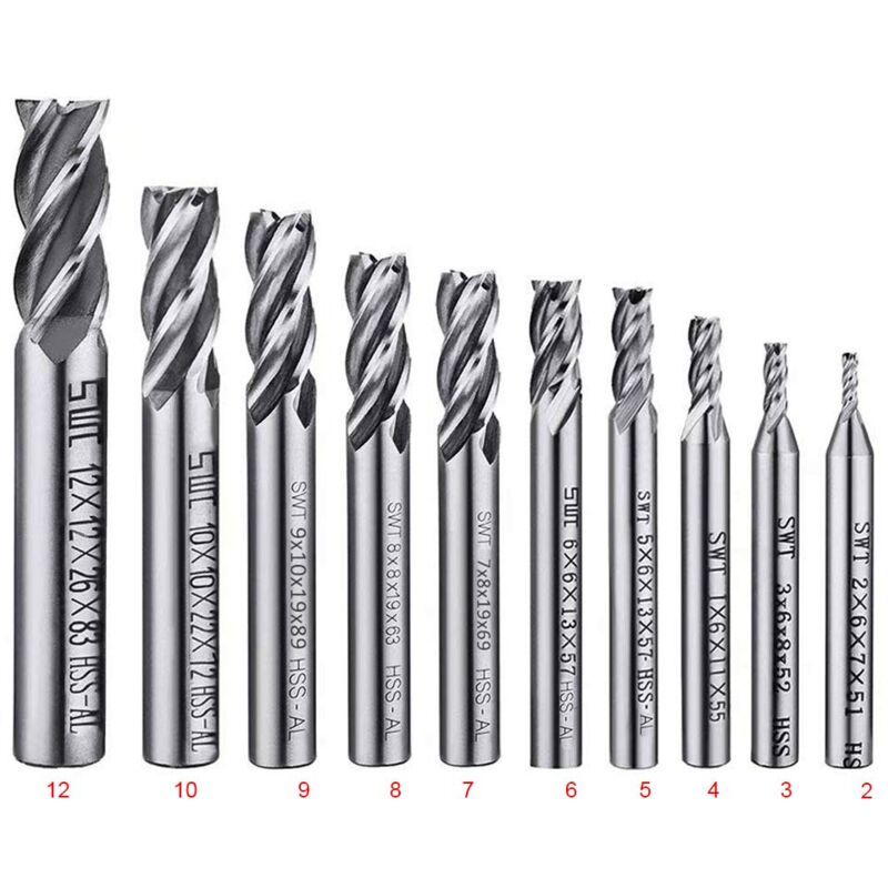 10 pcs 4 Flute End Mill Bit Set - 2-12Mm Hss Straight Shank Drill Bit Set Cnc Drill Bits Tool Set For Wood Aluminum