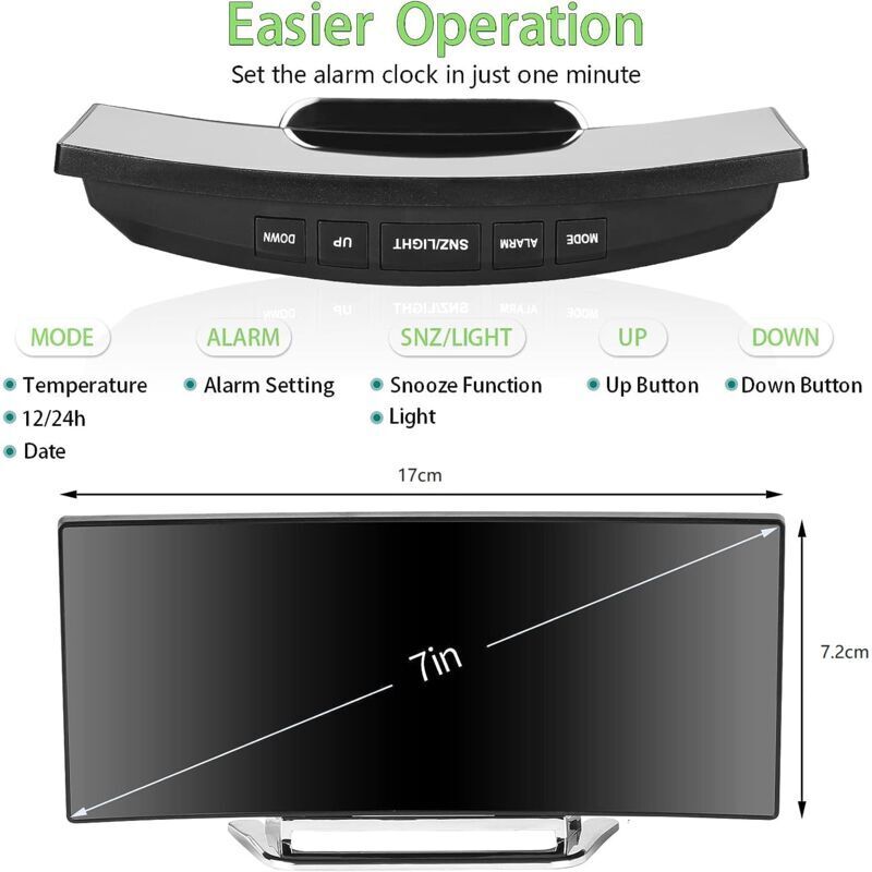 Digital Alarm Clock For Bedroom, 7'' LED Mirror Screen, 2 Brightness, Temperature, DAte, Usb Powered, Memory Function