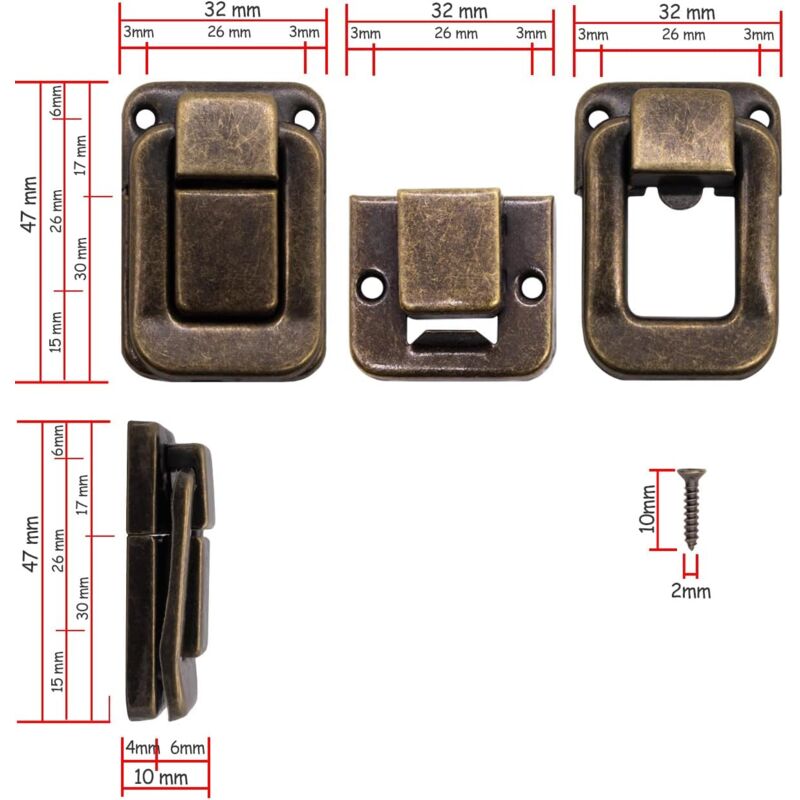 4 pcs U-Shaped Clasps For Chests, Boxes, Chests, Vintage Design In Brass 47 X 32 Mm, Bronze, Copper