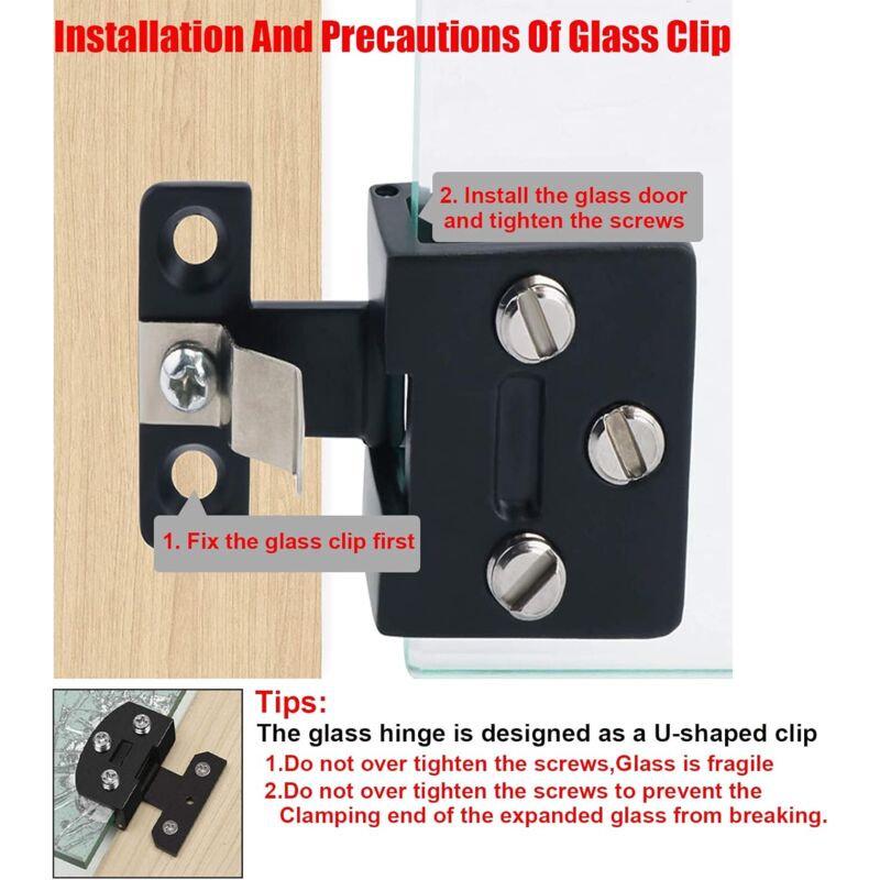 Glass Cabinet Door Hinge 4 pcs Wine Cabinet Clamp Display Door Hinge, Matte Black Zinc Alloy, No Drilling