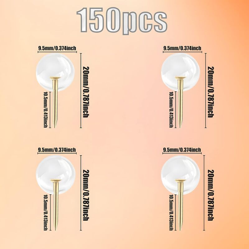 150 pcs Large Size 9.5Mm Gold Push Pins ROund Head Gold Steel Thumb Tacks With Clear Plastic ROund Head Thumb Tacks For