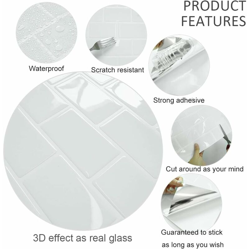 10 pcs White 3D Wall Tile Sticker Kitchen Bathroom (30.5X 30.5Cm)