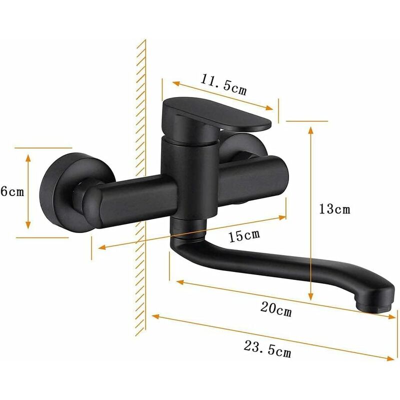 Single Handle Kitchen Faucet Wall Mounted High Quality Brass Body Black Projection 200Mm（G1/2）