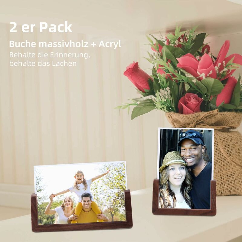 6 Inch Photo Frames 2 pcs Set, Wooden And Acrylic Glass Picture Frame For Tabletop Home Decor