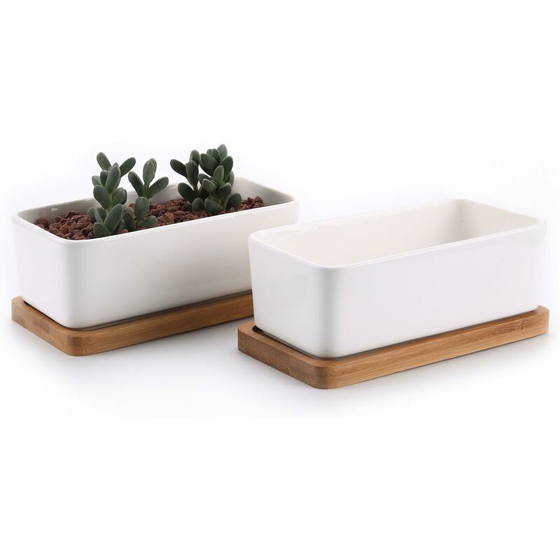 17Cm Ceramic Succulent Pot With Bamboo Tray White 2 pcs Set, Cactus Planter Cache Pot Jardinière Container Gift For