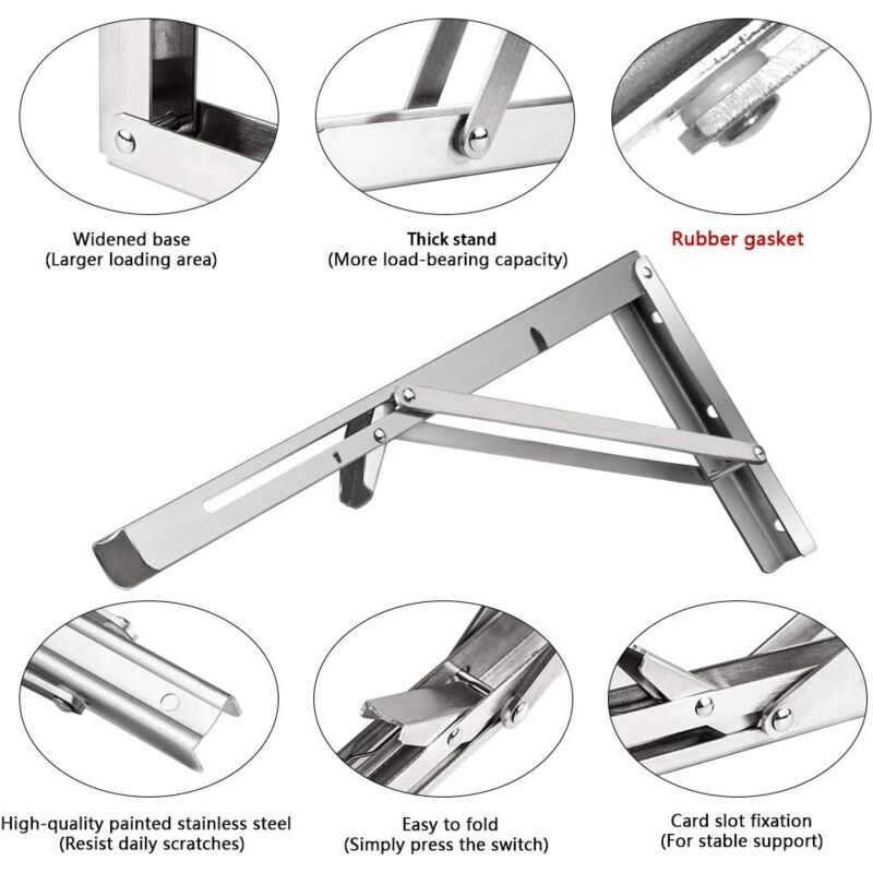 250Mm Folding Wall Shelf, 2 pcs Stainless Steel Folding Bracket, Garage Shelf Support Frame, Heavy Duty Bracket For