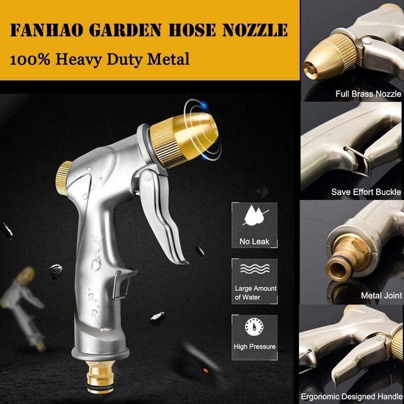 Garden Hose Spray Gun With Full Brass Nozzle, 100% Metal Heavy Duty Water Gun, High Pressure Spray Nozzle For Watering