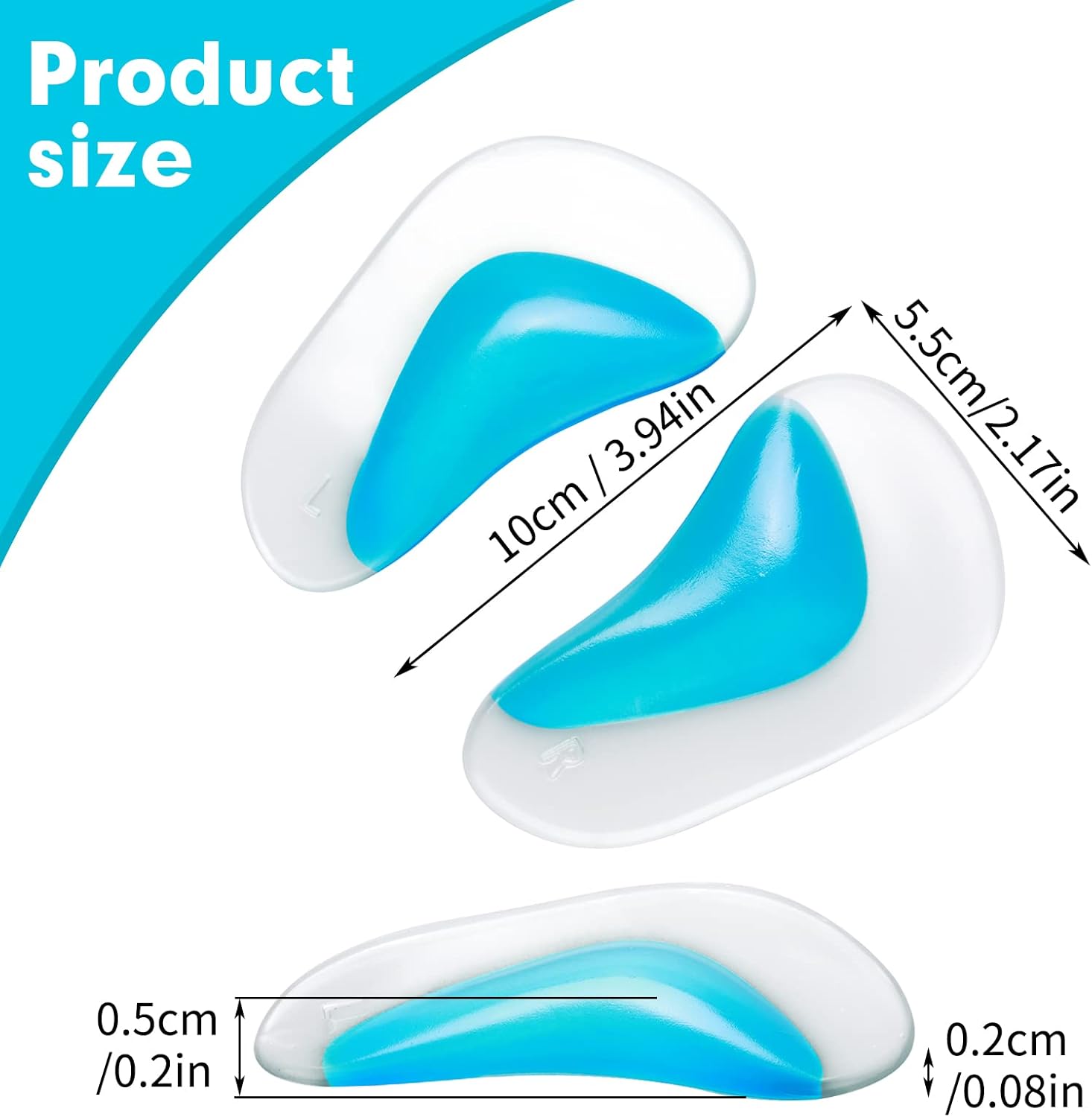 Orthopedic Gel Insoles 3 Pairs for Arch Support Plantar Fasciitis Silicone Shoe Inserts