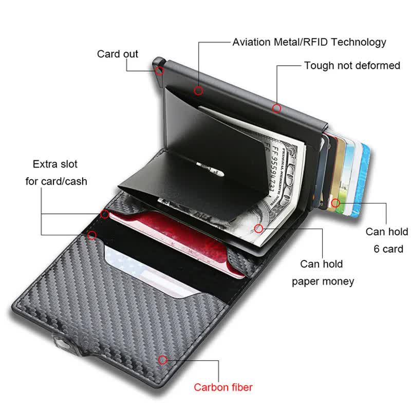 Carbon Fiber Credit Card Holder Wallet Men RFID Smart Metal Thin Slim Pop Up Minimalist Wallet Small Black Wallet Metal Vallet Carbon Bronze