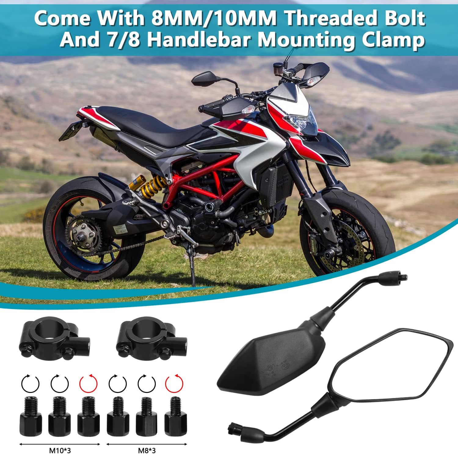 Motorcycle Rearview Mirrors Universal Pair Compatible with Motorcycles