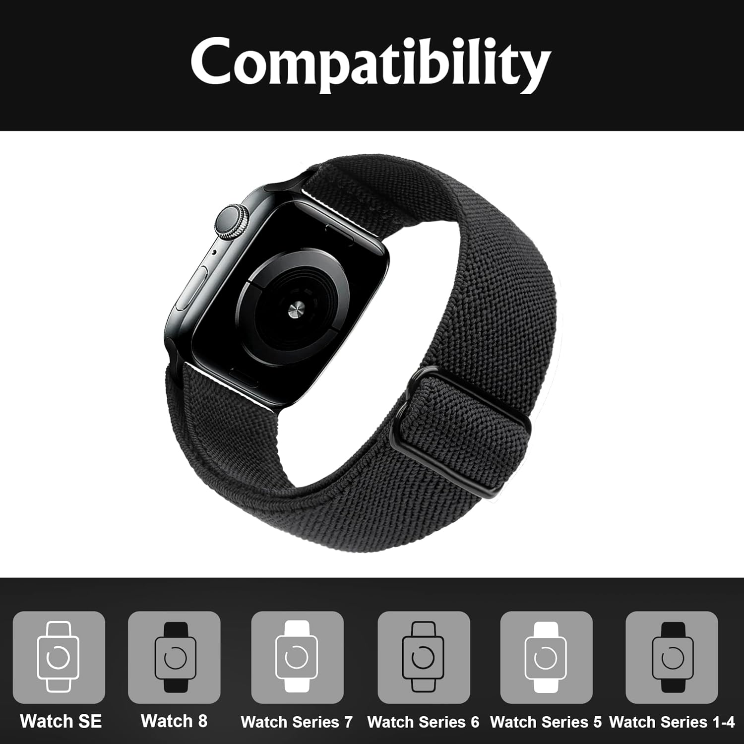 Apple Watch Stretch Band Compatible with Apple Watch 45mm 44mm 42mm Adjustable Sport Bracelet for Men and Women Black