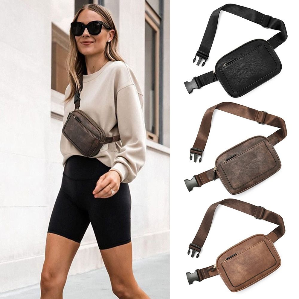 Women's Brown PU Leather Crossbody Waist Belt Bag Travel Fanny Pack