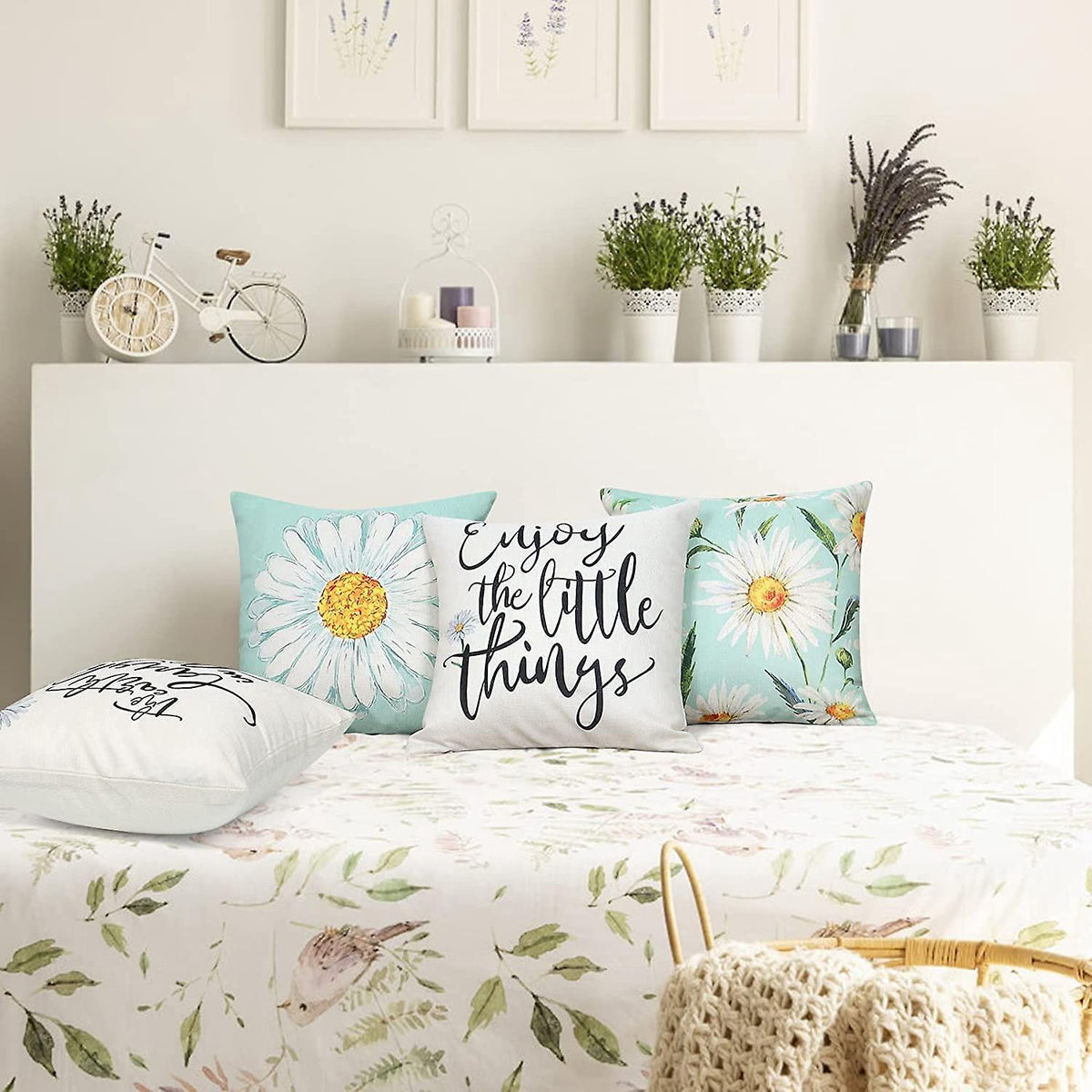 Cushion Cover Set of 4 45x45 cm Daisy Cotton Decorative Cushions Compatible with Modern Garden Living Room Bedroom Decor