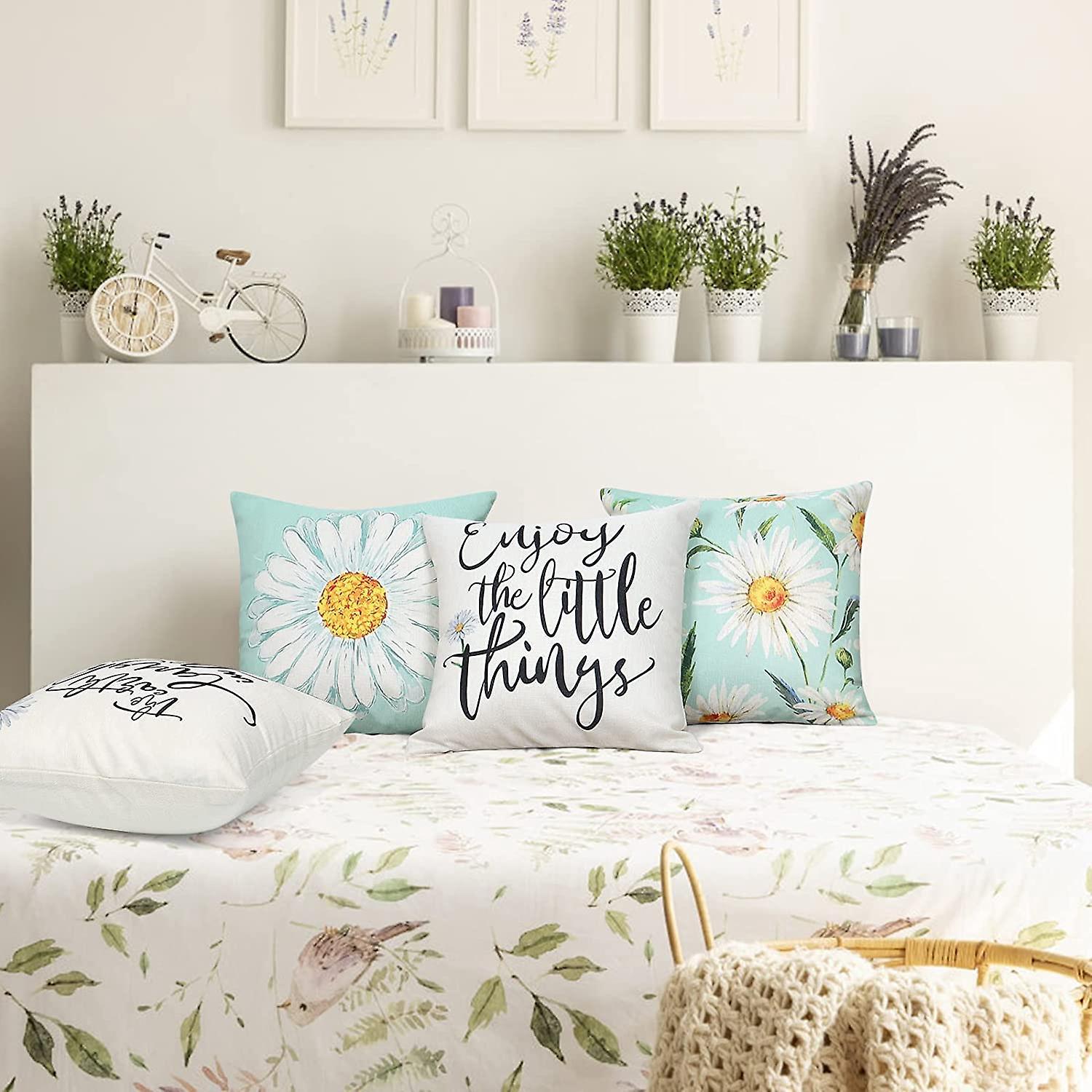 Cushion Cover Set of 4 45x45 cm Daisy Cotton Decorative Cushions Compatible with Modern Garden Living Room Bedroom Decor