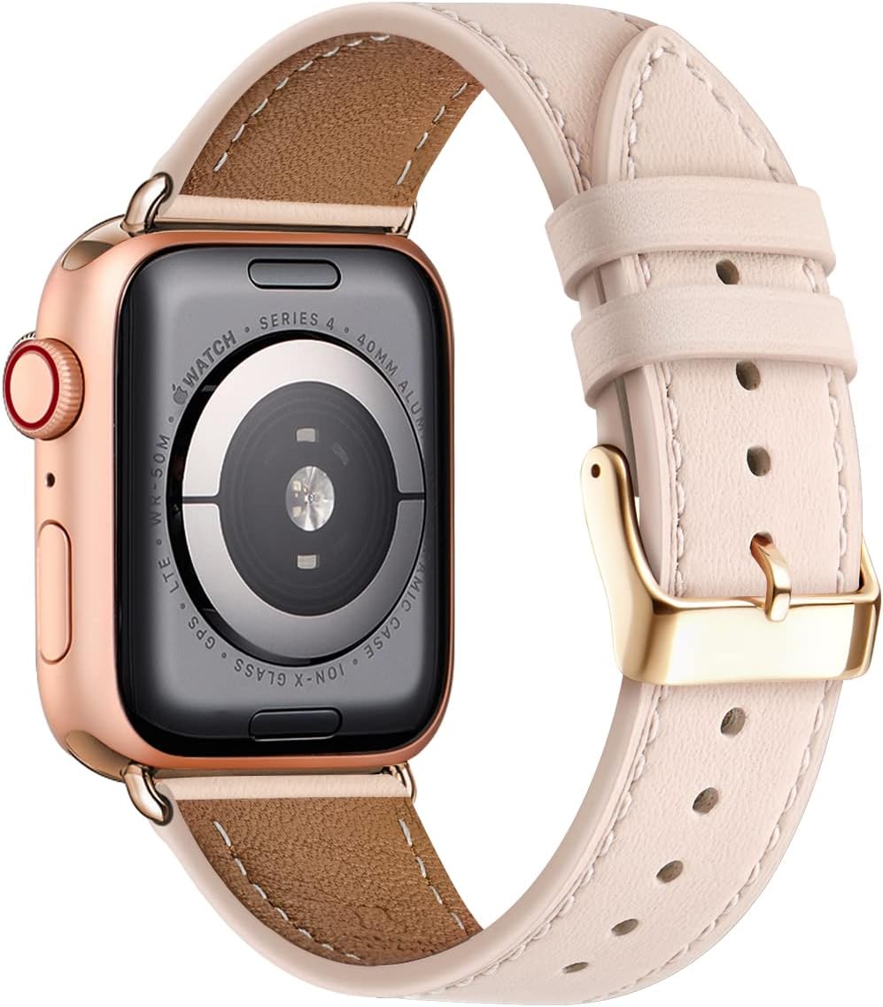 Apple Watch Leather Replacement Band Genuine Leather Compatible with Apple Watch Series 9 8 7 6 5 4 3 2 1 SE Ultra 38mm 40mm 41mm Rose Gold Pink