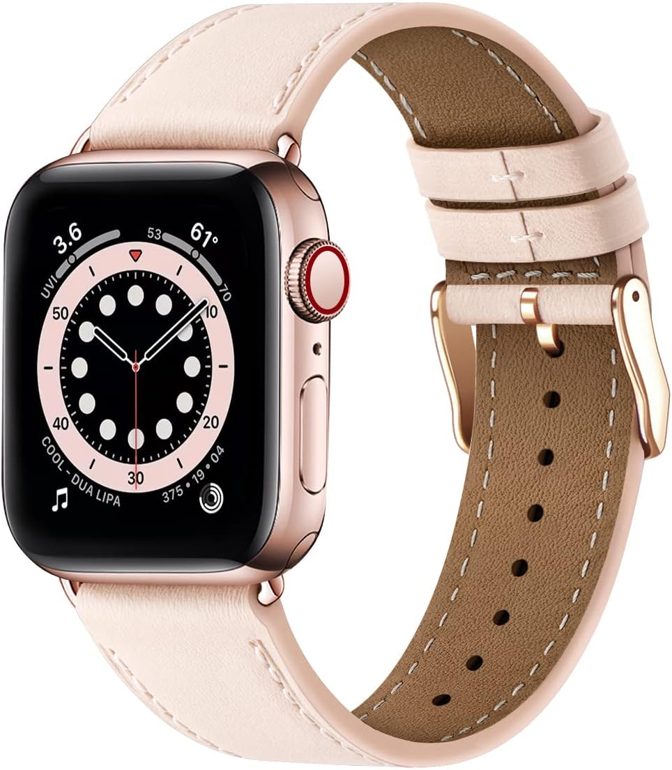 Apple Watch Leather Replacement Band Genuine Leather Compatible with Apple Watch Series 9 8 7 6 5 4 3 2 1 SE Ultra 38mm 40mm 41mm Rose Gold Pink