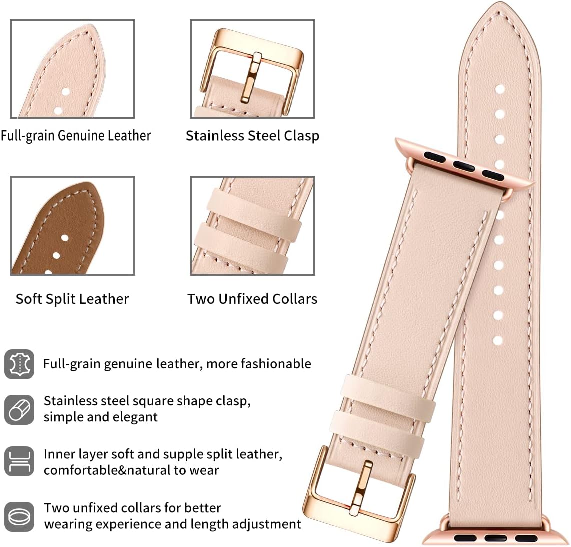 Apple Watch Leather Replacement Band Genuine Leather Compatible with Apple Watch Series 9 8 7 6 5 4 3 2 1 SE Ultra 38mm 40mm 41mm Rose Gold Pink