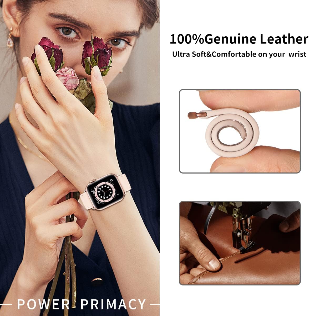 Apple Watch Leather Replacement Band Genuine Leather Compatible with Apple Watch Series 9 8 7 6 5 4 3 2 1 SE Ultra 38mm 40mm 41mm Rose Gold Pink