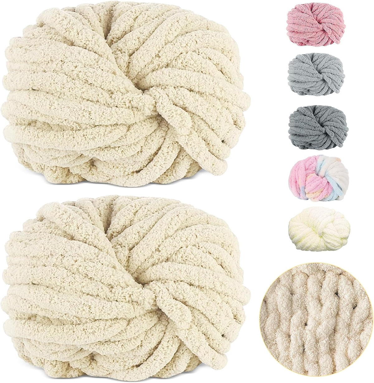 Chunky Chenille Fur Yarn Soft Wool Knitting Yarn 500g (250gx2) approx 54m Compatible with Crochet for Blankets Scarfs Hats Beige