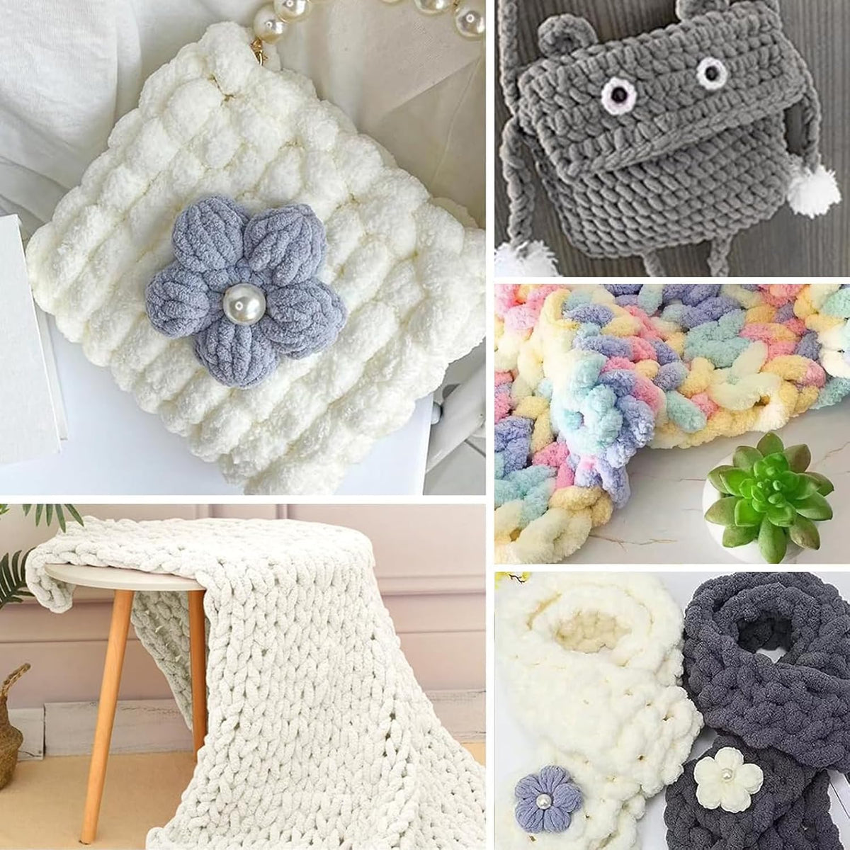 Chunky Chenille Fur Yarn Soft Wool Knitting Yarn 500g (250gx2) approx 54m Compatible with Crochet for Blankets Scarfs Hats Beige