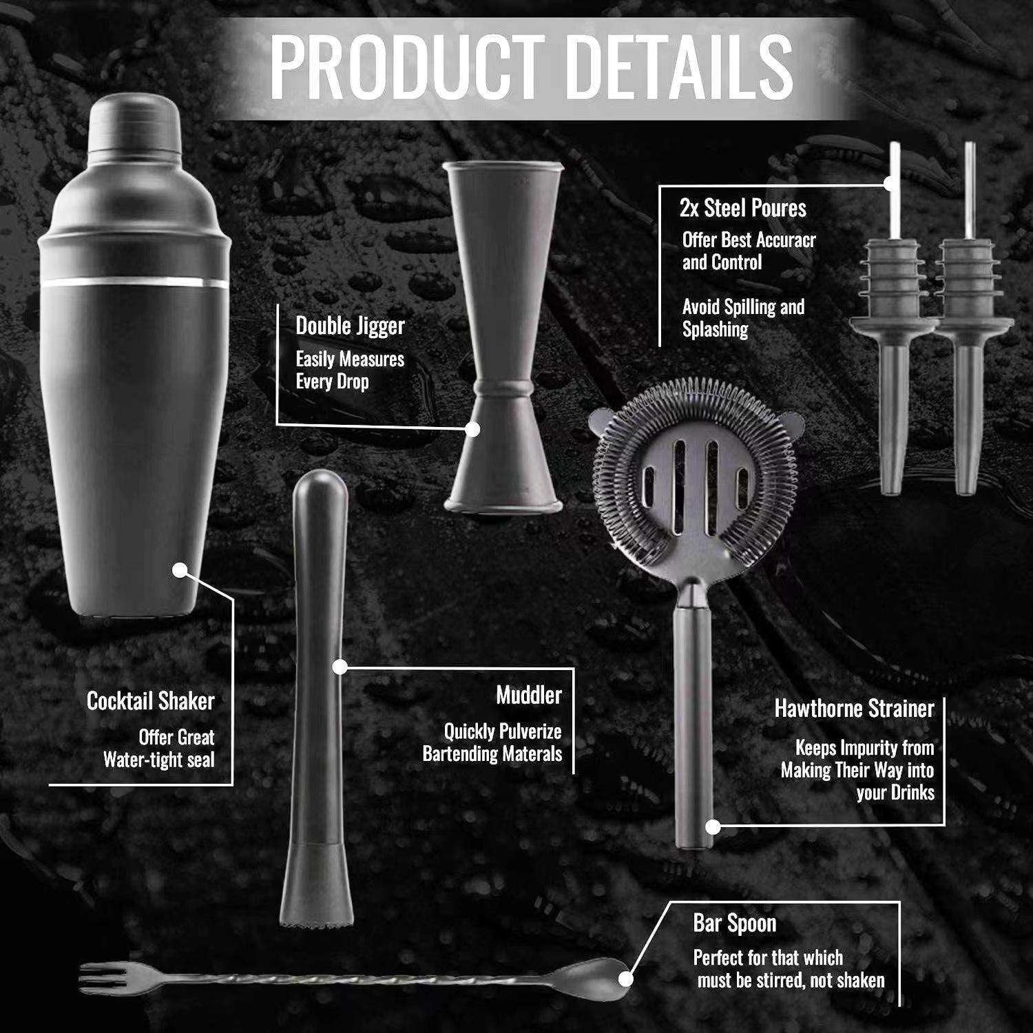 Cocktail Shaker Set - Matte Black - Stainless Steel Black Black
