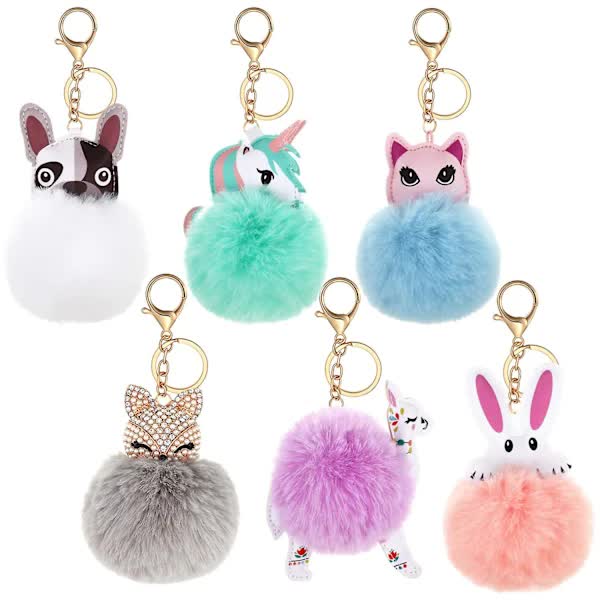 6-Pack Cute Animal Pom Pom Keychain, Faux Plush Fluffy Keychains For Girls