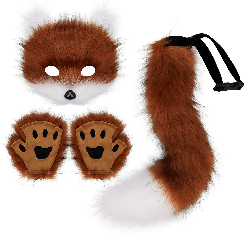 Halloween costume simulation fox mask gloves plush fox tail handmade animal tail cosplay props accessories Red, brown and white three-piece set One Size