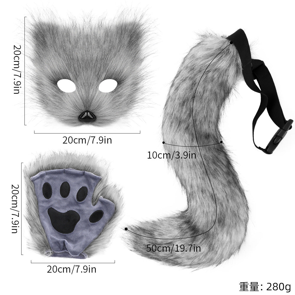 Halloween costume simulation fox mask gloves plush fox tail handmade animal tail cosplay props accessories Red, brown and white three-piece set One Size