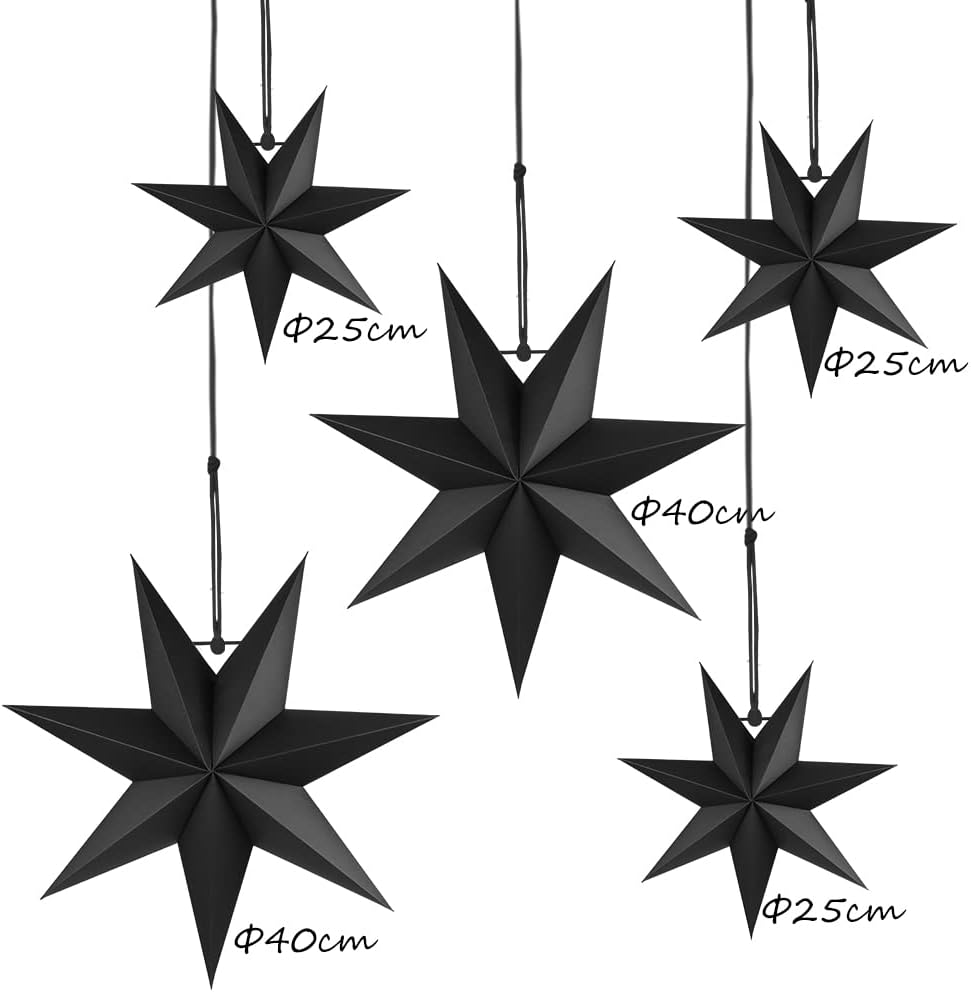 Hanging Christmas Decorations, 5 pcs Hanging Black Stars, Black Paper Star, 3 pcs Diameter 25cm, 2 pcs Diameter 40cm for Wedding, Christmas Party, DIY Black