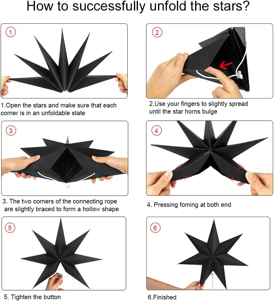 Hanging Christmas Decorations, 5 pcs Hanging Black Stars, Black Paper Star, 3 pcs Diameter 25cm, 2 pcs Diameter 40cm for Wedding, Christmas Party, DIY Black