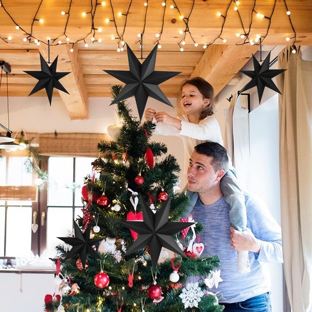 Hanging Christmas Decorations, 5 pcs Hanging Black Stars, Black Paper Star, 3 pcs Diameter 25cm, 2 pcs Diameter 40cm for Wedding, Christmas Party, DIY Black