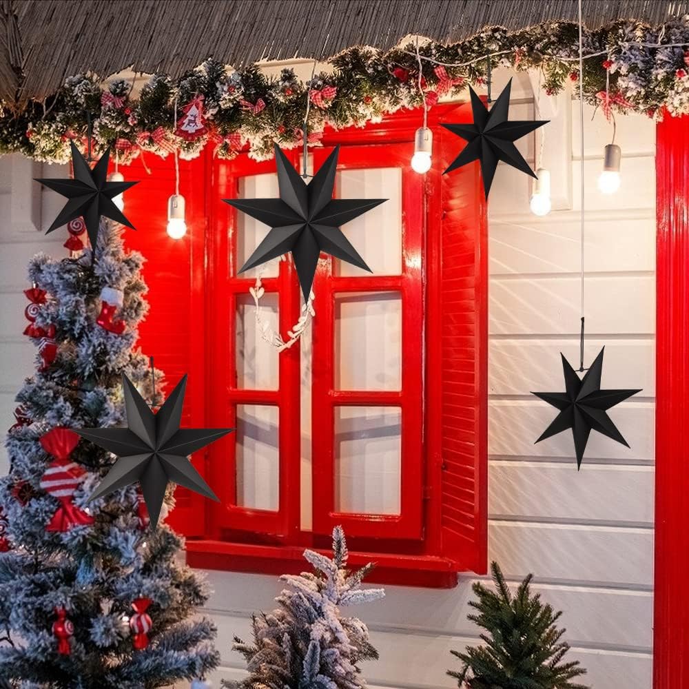 Hanging Christmas Decorations, 5 pcs Hanging Black Stars, Black Paper Star, 3 pcs Diameter 25cm, 2 pcs Diameter 40cm for Wedding, Christmas Party, DIY Black