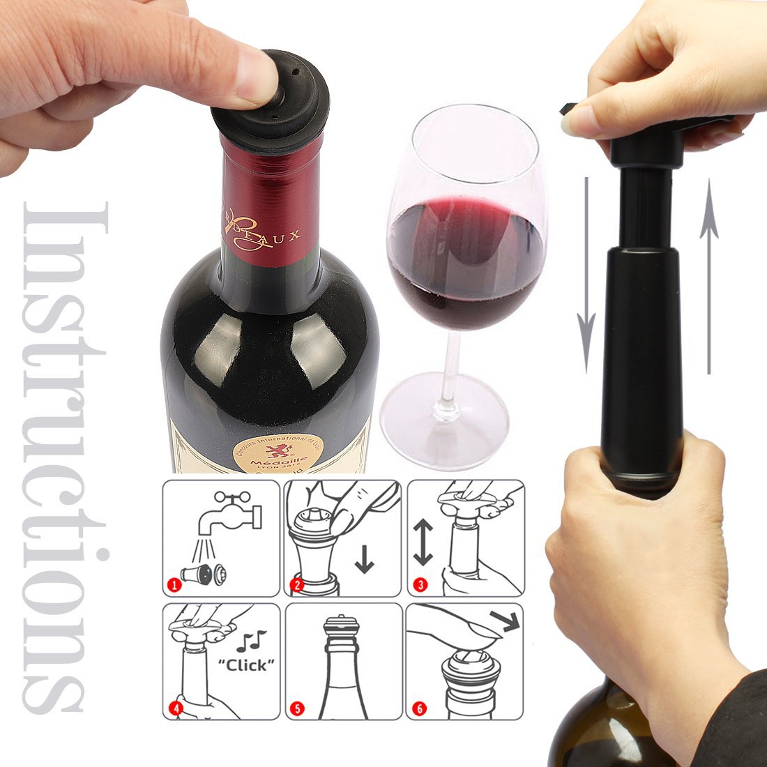 Vacu Vin Black Pump with Wine Saver Stoppers - Keeps Wine Fresh