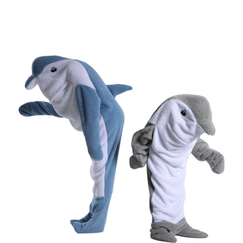 Shark-shaped sleeping bag blanket cartoon animal jumpsuit flannel men's and women's home clothes shark pajamas Blue-gray shark 140