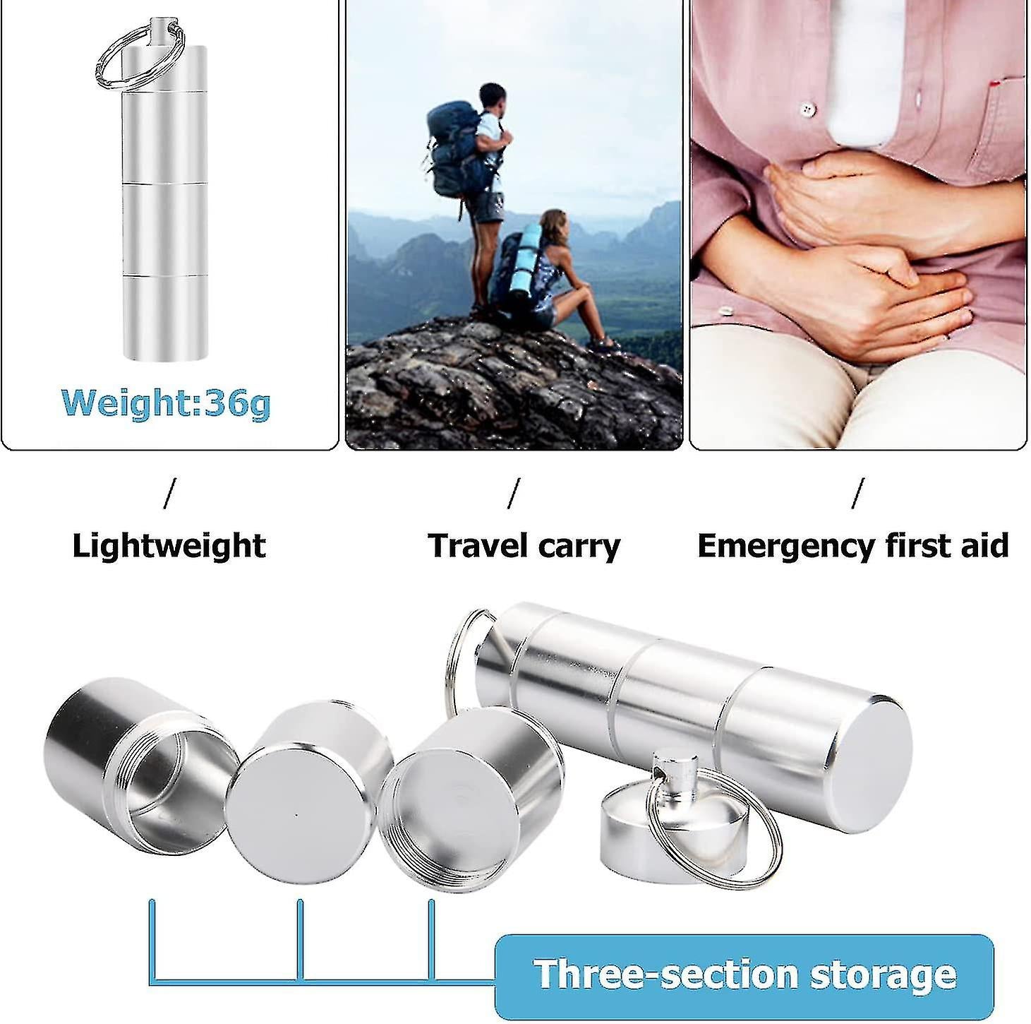 2 Pieces Aluminum Pill Box Portable Pill Organizer 3 Compartments Metal Pill Case Pocket Gift