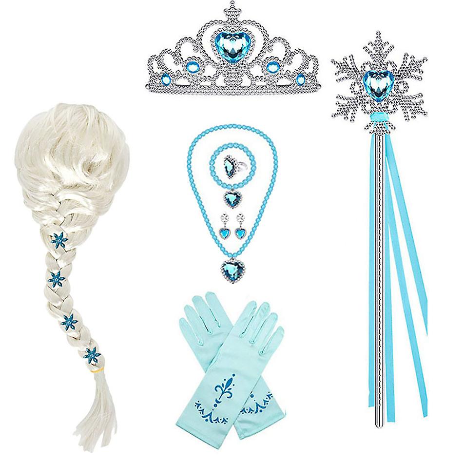 Elsa Cosplay Costume Set with Princess Dress, Gloves, Crown, Wand, Jewelry, Wig, Necklace, Braid