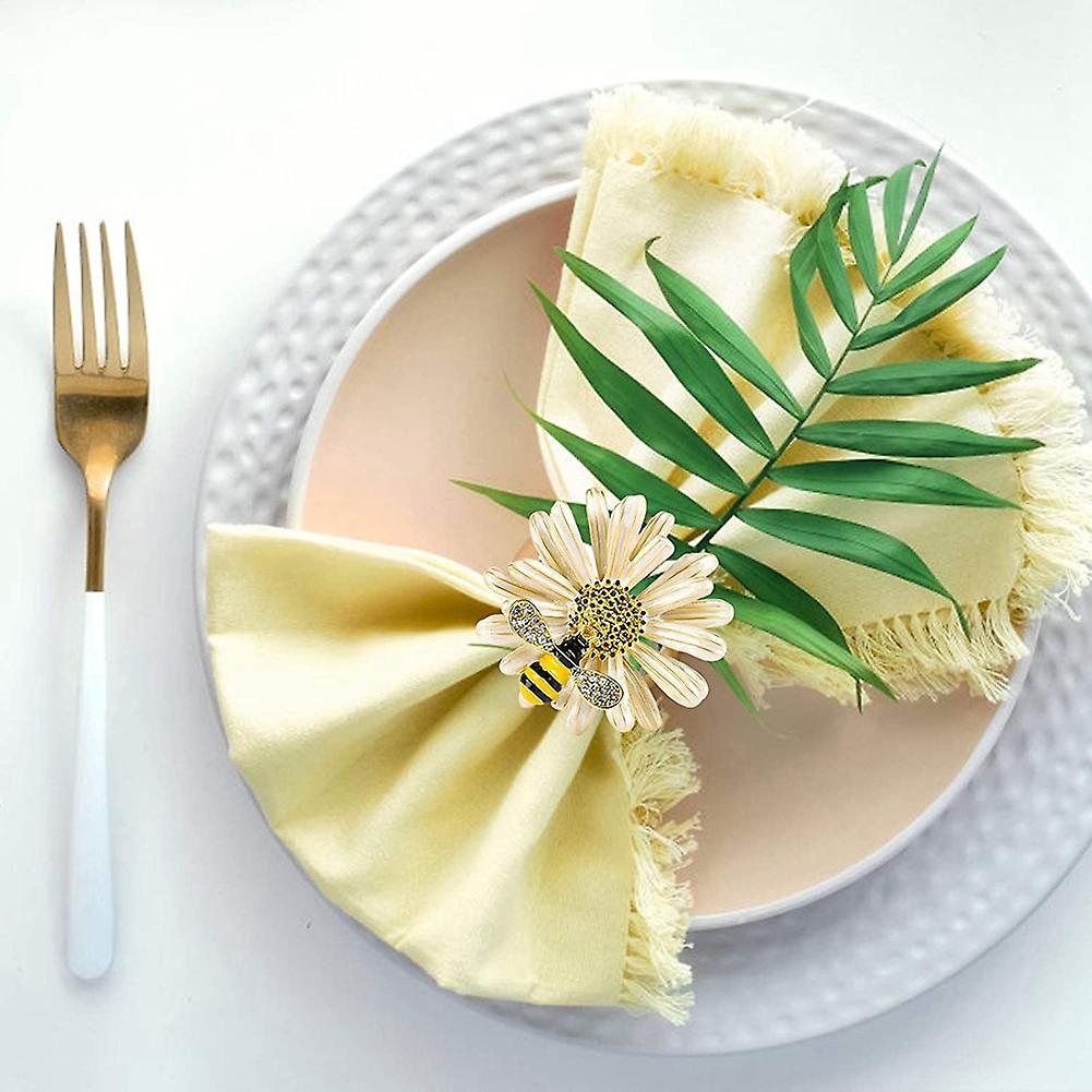 Set of 12 Daisies and Sunflowers Napkin Rings, Gold Napkin Ring Holders with Bees for Formal or Casual Dining