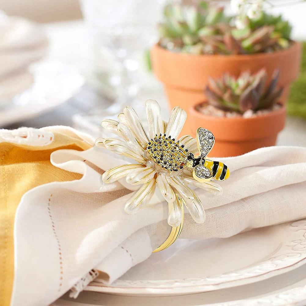 Set of 12 Daisies and Sunflowers Napkin Rings, Gold Napkin Ring Holders with Bees for Formal or Casual Dining