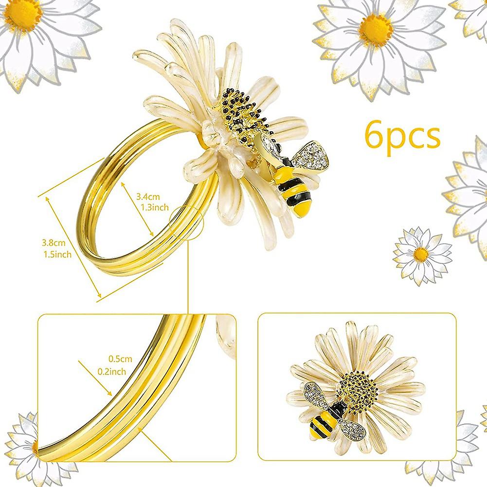 Set of 12 Daisies and Sunflowers Napkin Rings, Gold Napkin Ring Holders with Bees for Formal or Casual Dining