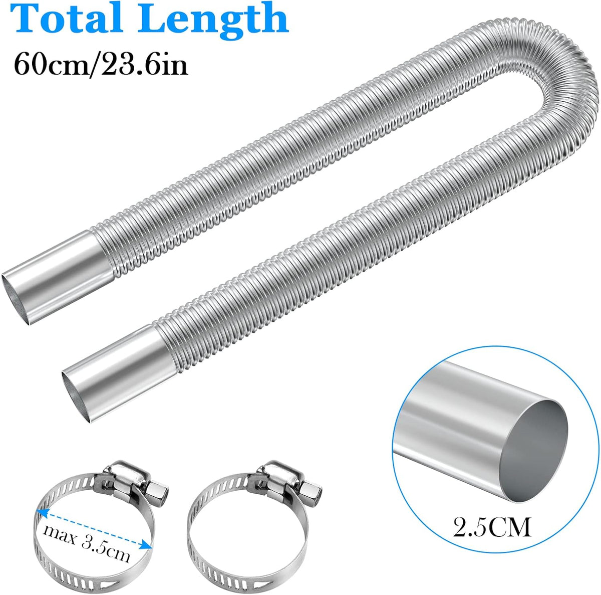 Exhaust Pipe for Parking Heater 60cm Stainless Steel with 2 Clamps Compatible with Diesel Heaters