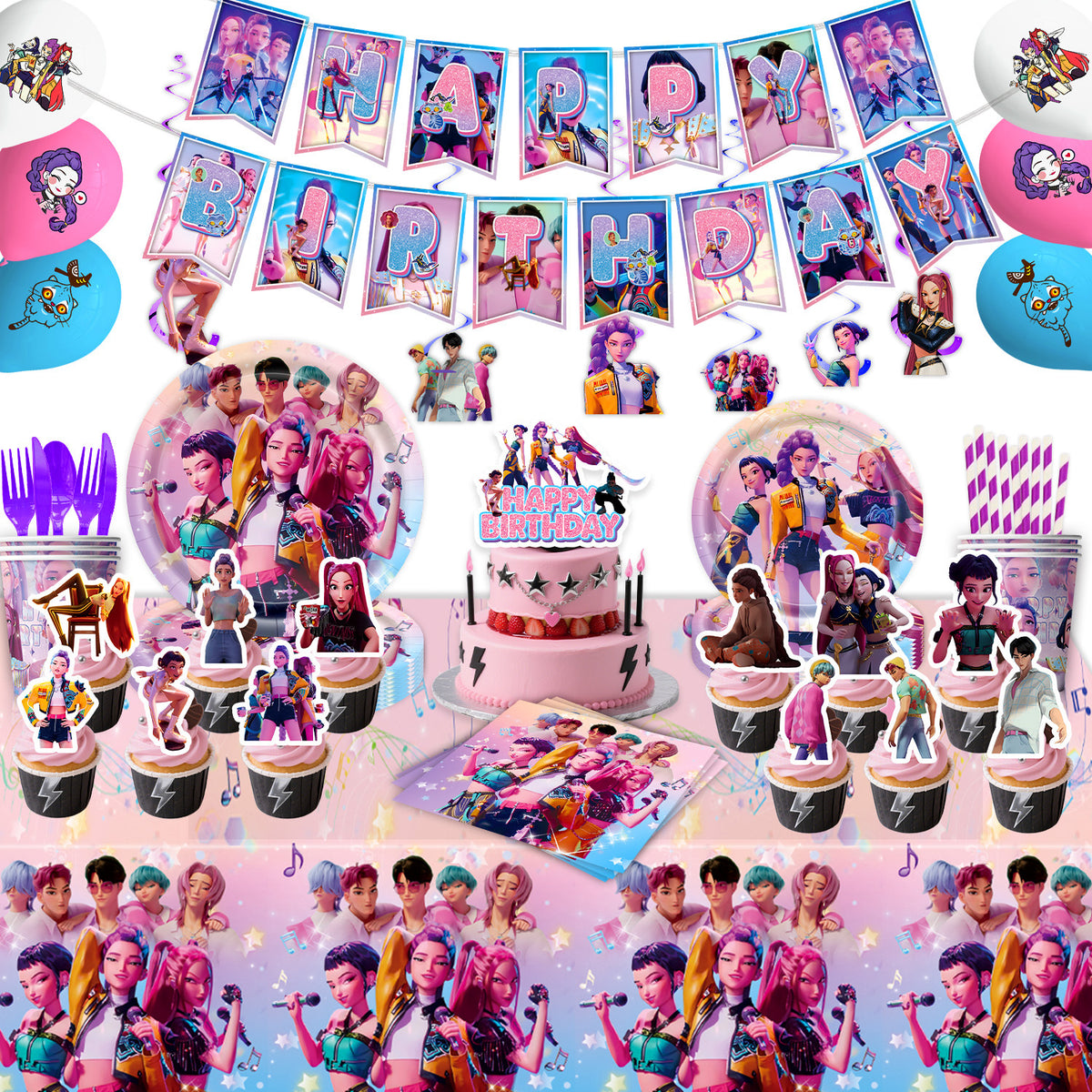 K-pop Demon Hunters Birthday Party Decorations Set Banner Cake Topper Balloons for Kids Theme Celebration
