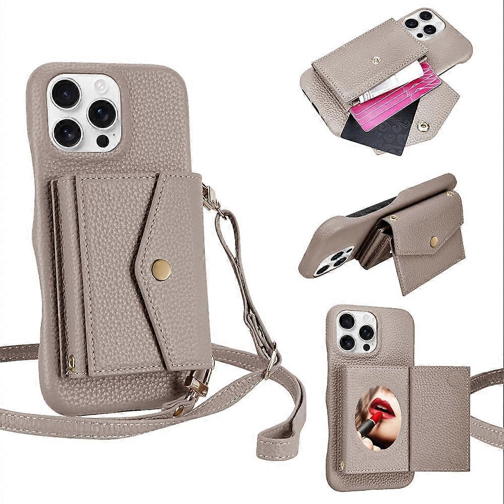 iPhone 14 Pro Case Horizontal Card Pocket Litchi Texture Long Cord Grey