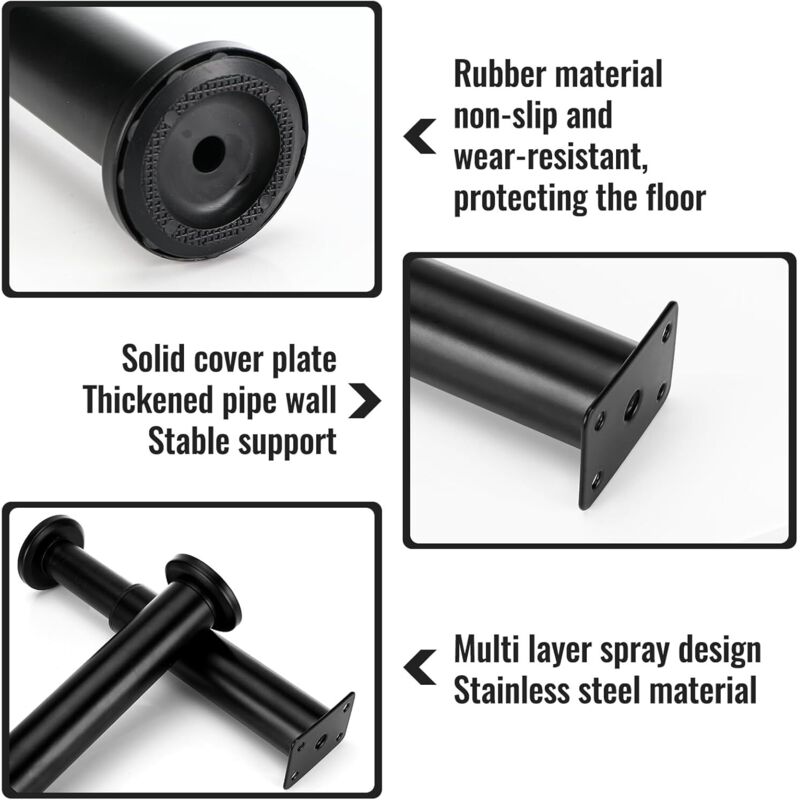 Furniture Legs Black 4 pcs Adjustable 18-30 cm with 18 Screws Metal Cabinet Feet for Sofa Table Chair