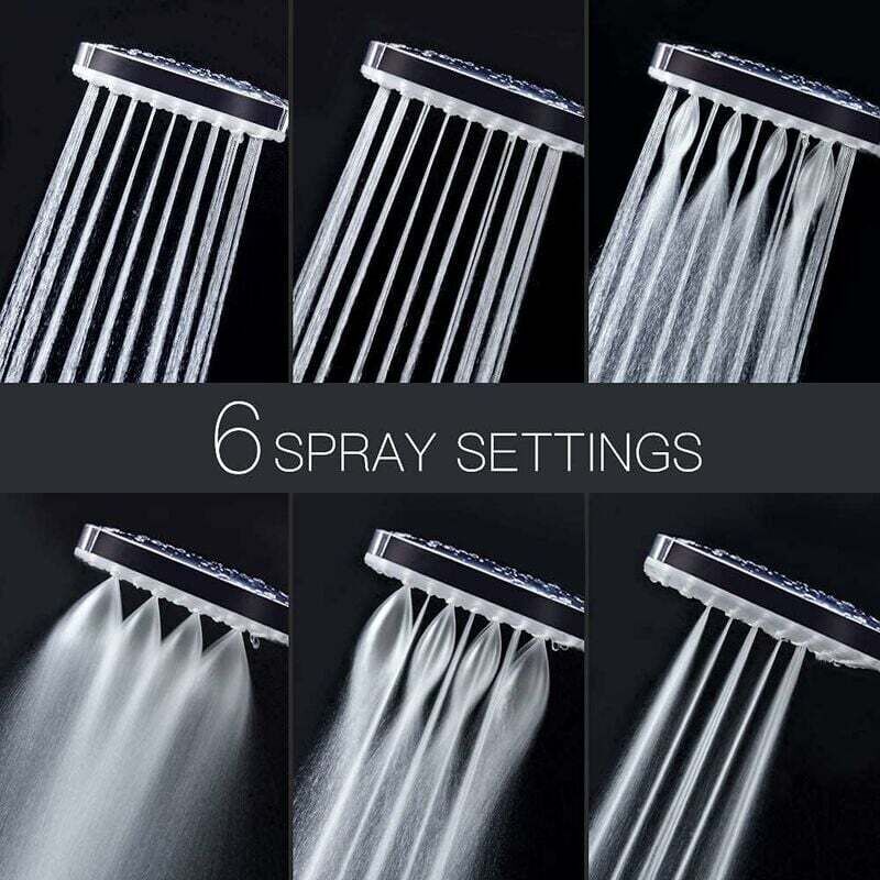 DEBUNS High Pressure Shower Head, Large Square with One-Hand Control, 6 Shower Modes, Chrome