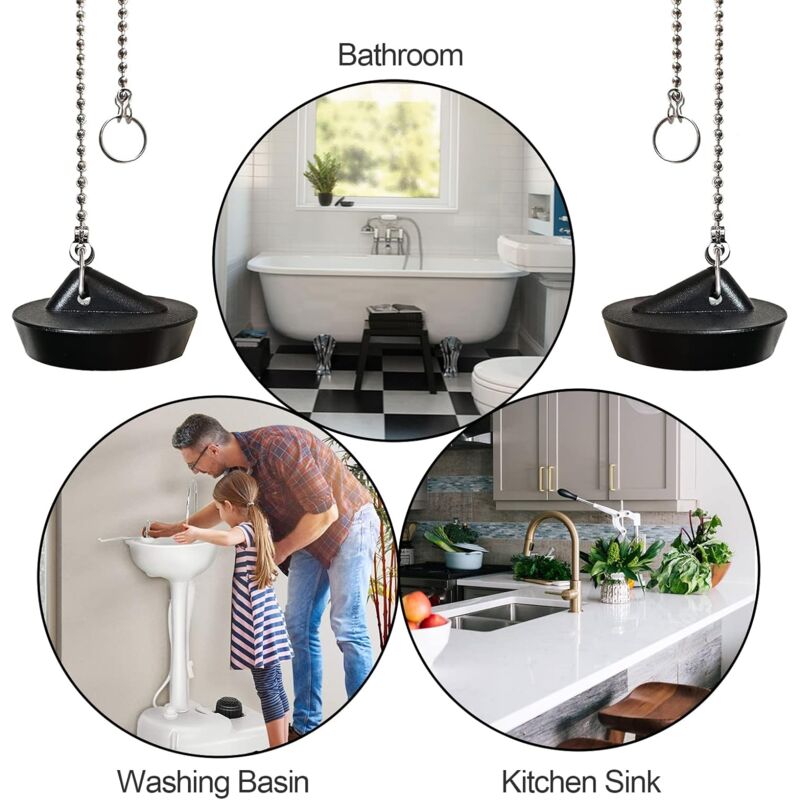 Rubber Sink Stopper with Ball Chain, Universal Stainless Steel Sink Stopper with Hook for Sink or Bathtub