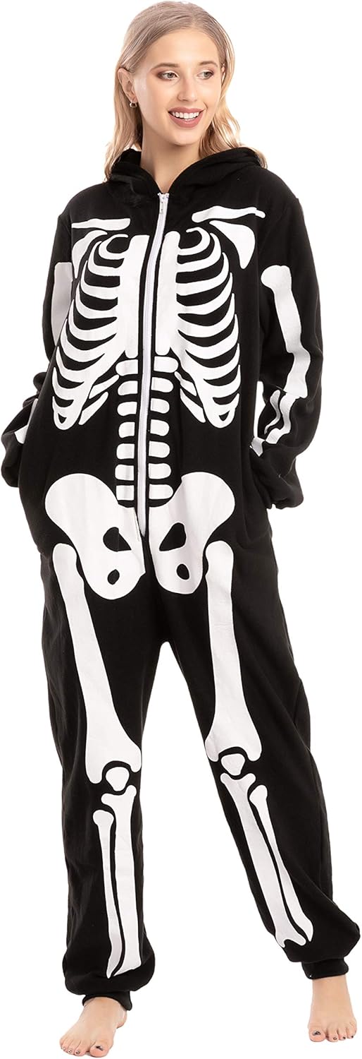Unisex Skeleton Onesie Pajamas Plush Skeleton Jumpsuit Zipper Halloween Hoodie Pajamas for Adults Sleepwear Costume Black L