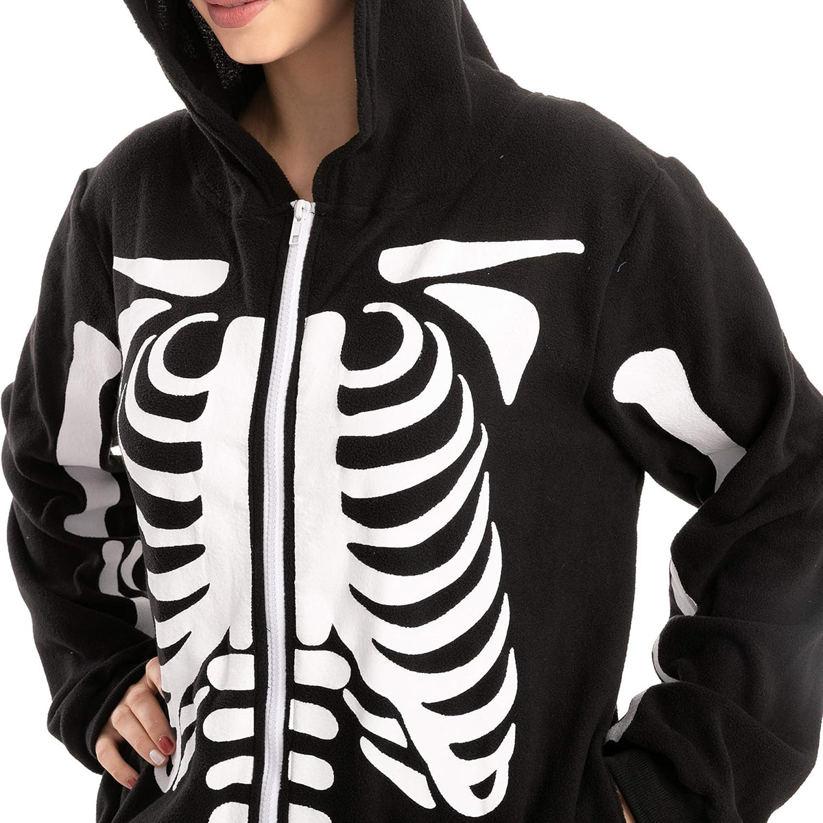 Unisex Skeleton Onesie Pajamas Plush Skeleton Jumpsuit Zipper Halloween Hoodie Pajamas for Adults Sleepwear Costume Black L