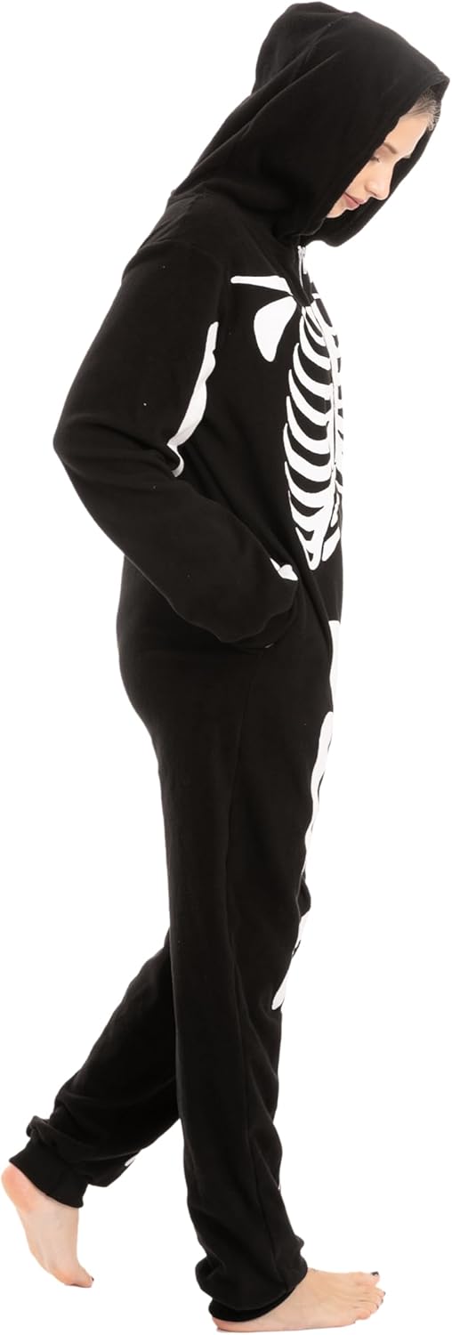 Unisex Skeleton Onesie Pajamas Plush Skeleton Jumpsuit Zipper Halloween Hoodie Pajamas for Adults Sleepwear Costume Black L