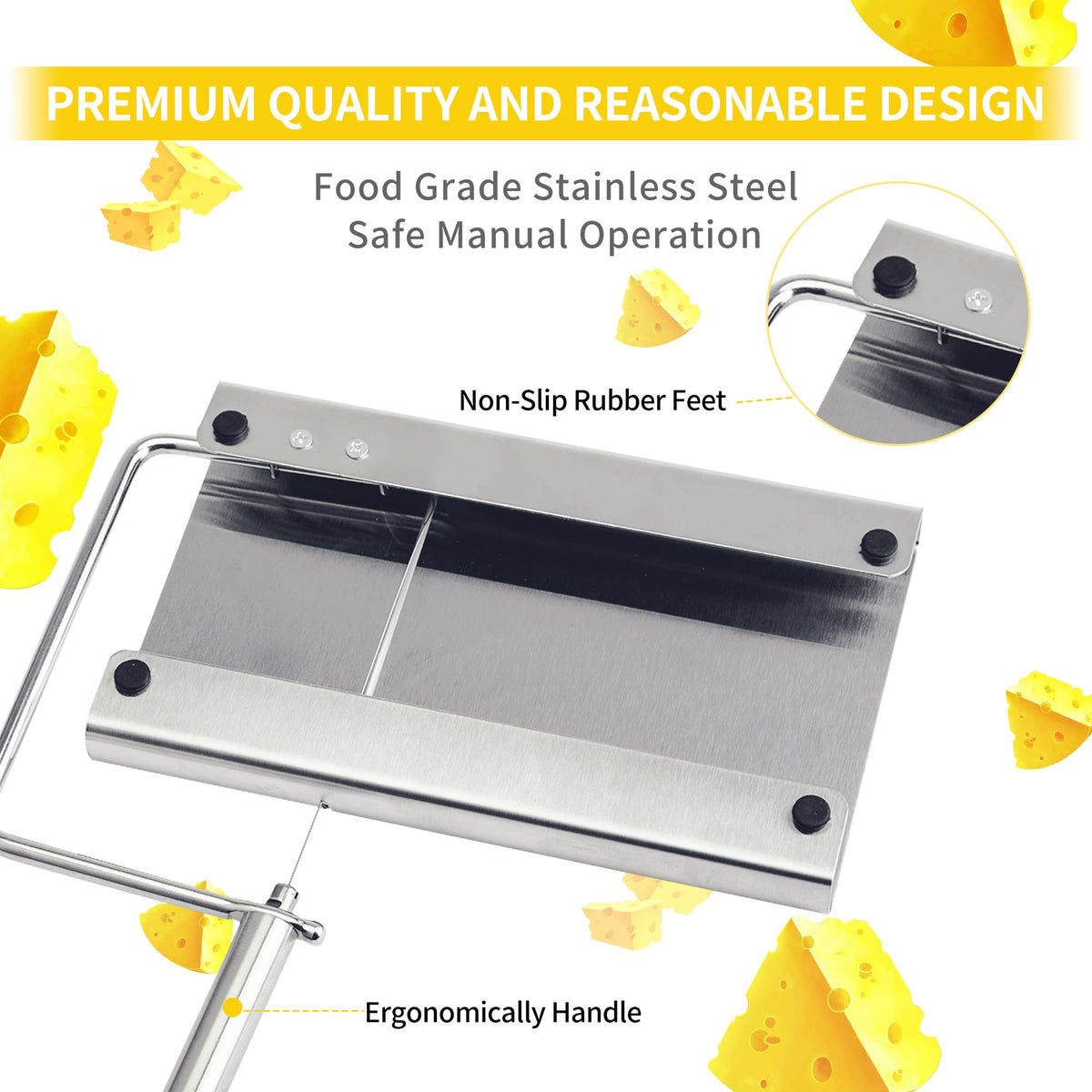 Cheese cutter with wire, cheese cutter for block cheese with 6 replacement wires, stainless steel cheese cutter